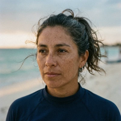 Renata Balam, kayak guide on Isla Holbox, standing beside a kayak on the sand at dusk before a Holbox bioluminescence tour, Quintana Roo, Mexico